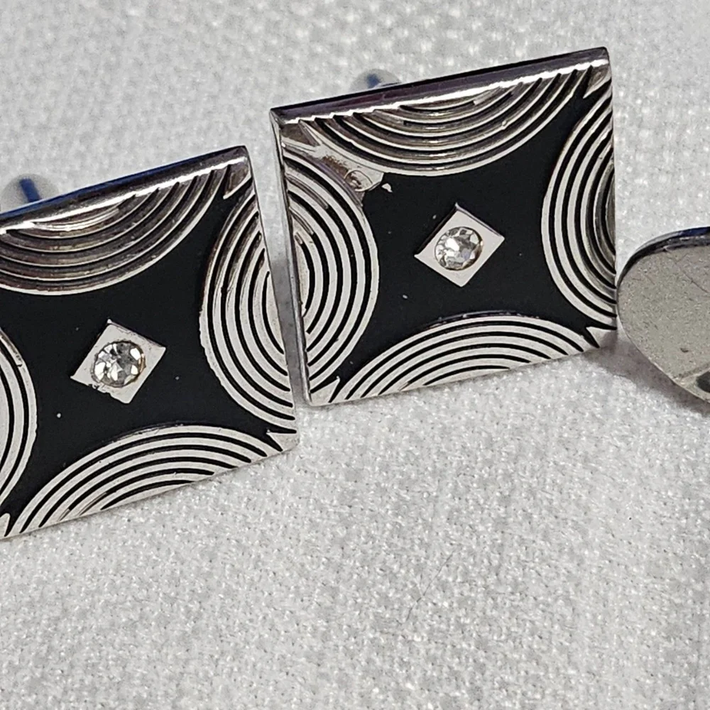 SWANK Art Deco‎ Geometric Square Cufflinks Silver Black Toggle Back Dapper Mens